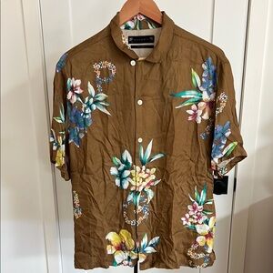 AllSAINTS Floral Brown Short Sleeve Shirt shirt top flower buttons up sz L
